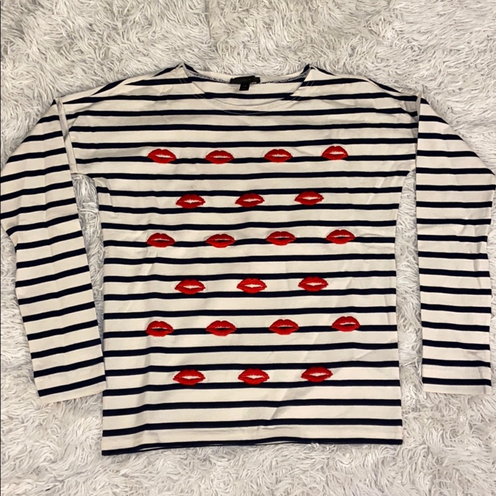 J Crew Striped Long Sleeve Red-Lip Embroidered Top